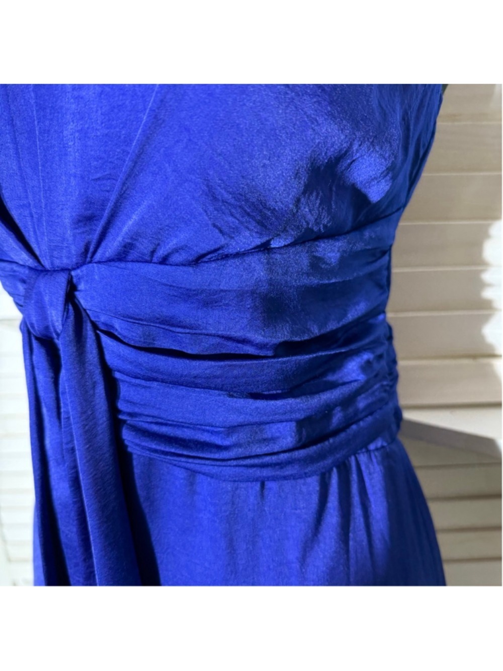 Minuet royal blue cocktail maxi dress fit flare ruched waist low sexy back sz L - Picture 10 of 14